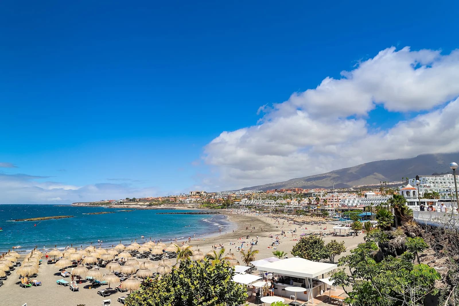 Plage de Torviscas à Costa Adeje, au sud de Tenerife : sable clair, parasols en paille et littoral qui s'étire sous les montagnes