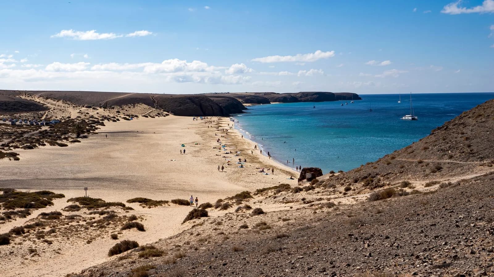 Plage de Papagayo sous un ciel dégagé, dunes et eau turquoise au sud de Lanzarote